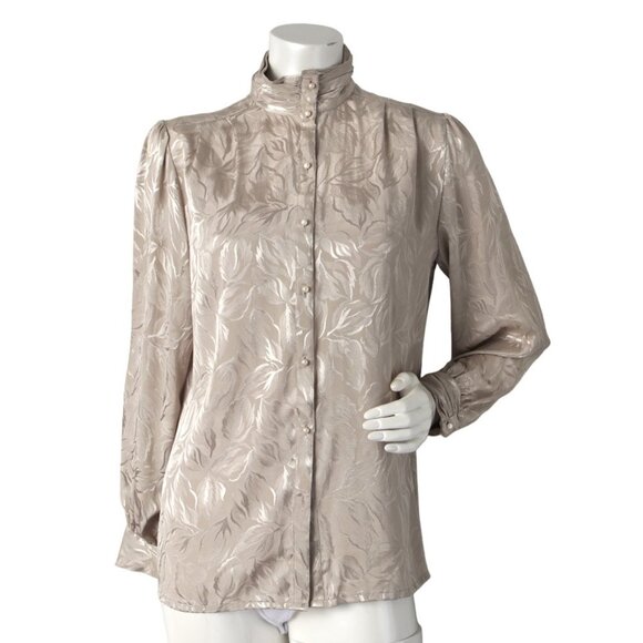 Vintage Susan Van Heusen Silky Jacquard Blouse High Neck Ruffled Arm Silky 80s - Picture 2 of 13